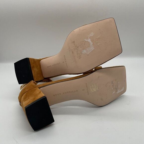 Good American Shoes Sz 5 Tan Suede Ankle Strap Heeled Sandals Block Heel Dressy - Picture 6 of 11